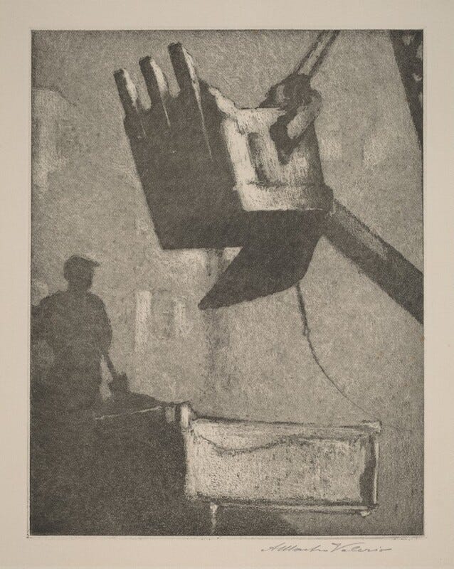 A human worker stands in the shadow of a steam shovel that appears to have a looming presence over the man.