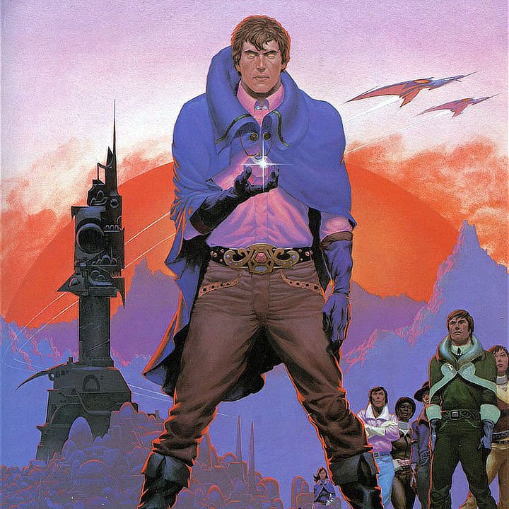 Details from THE BLOODY SUN (LEFT) and THE BLOODY SUN 2 (RIGHT). The features on the figure to the left are flatter and he’s posed head on, while the figure on the right has his shoulders turned slightly on an angle and is given more depth from the curl of his oversized pink collar on his black jacket to the position he holds the gem in front of one eye.