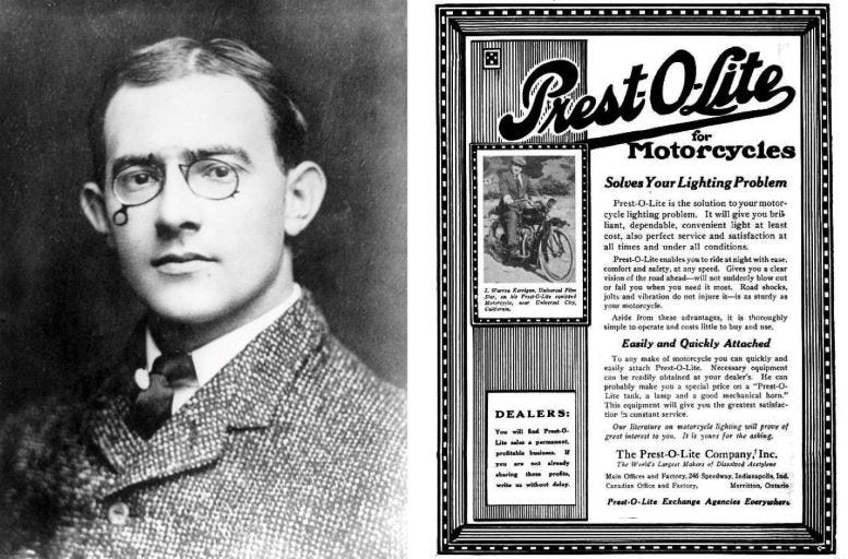 Figure 2: Portrait of Carl Fisher in 1909 and Advertisement for Prest-O-Lite.