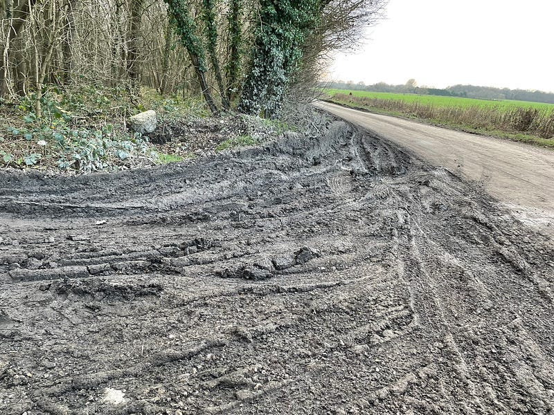 Mud on track and on public country road Hoads Wood Ashford