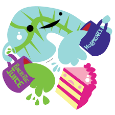 a person-ized pancreas from I Heart Guts surrounded by a mug with hormones, a mu with pancreatic juice, and a piece of cake