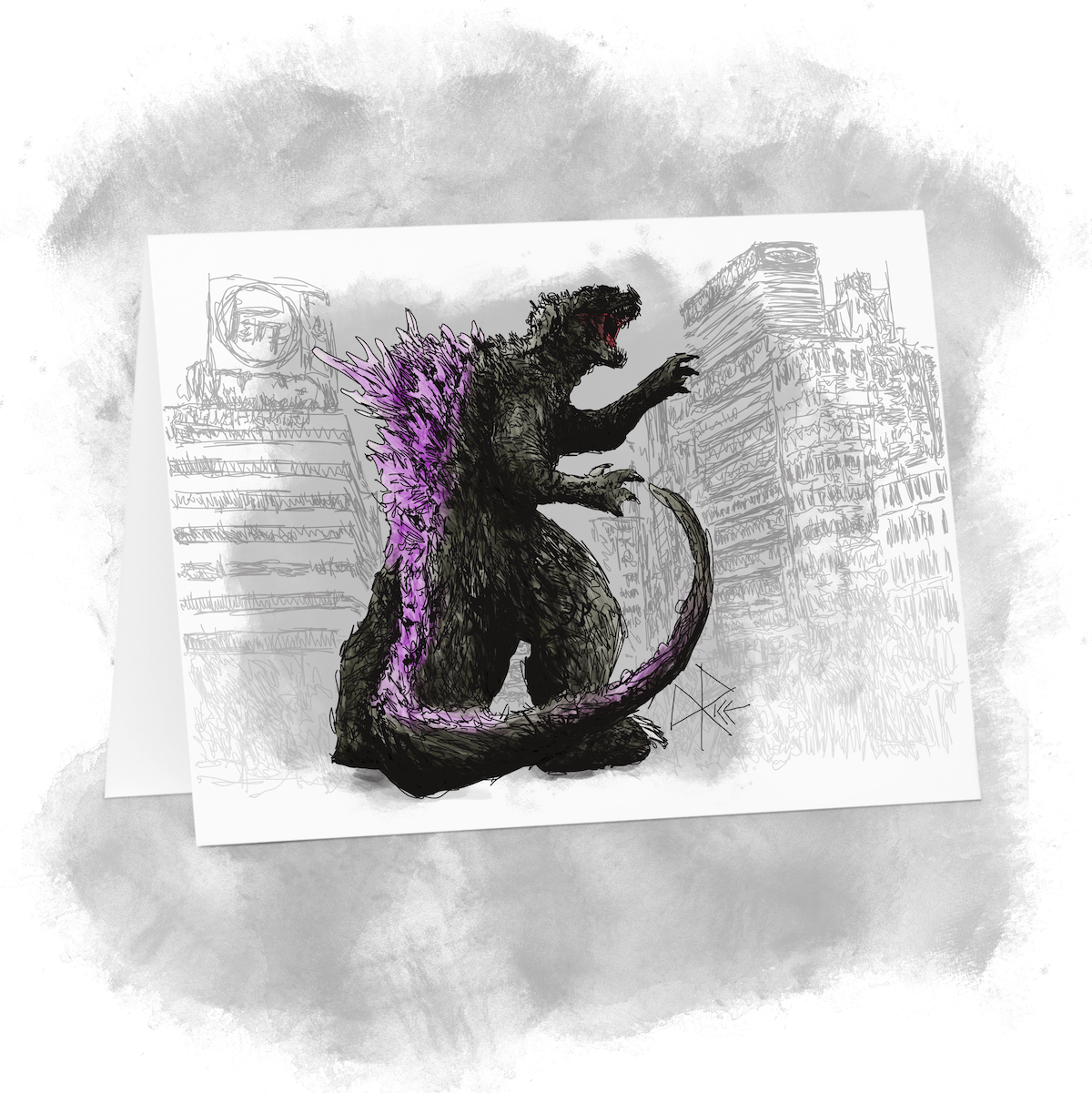 As a destructive force of nature, the recently awakened giant prehistoric creature Godzilla (ゴジラ Gojira) stomps around in 1950s Tokyo. Sketch art by Don Rice. As a destructive force of nature, the recently awakened giant prehistoric creature Godzilla (ゴジラ Gojira) stomps around in 1950s Tokyo. Sketch art by Don Rice.