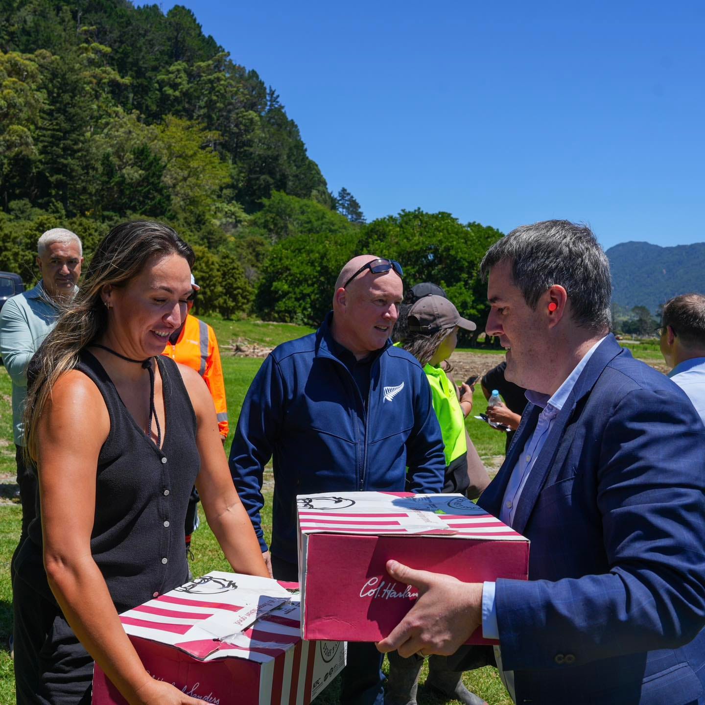 Christopher Luxon and Chris Bishop with KFC. Christopher Luxon and Chris Bishop with KFC.