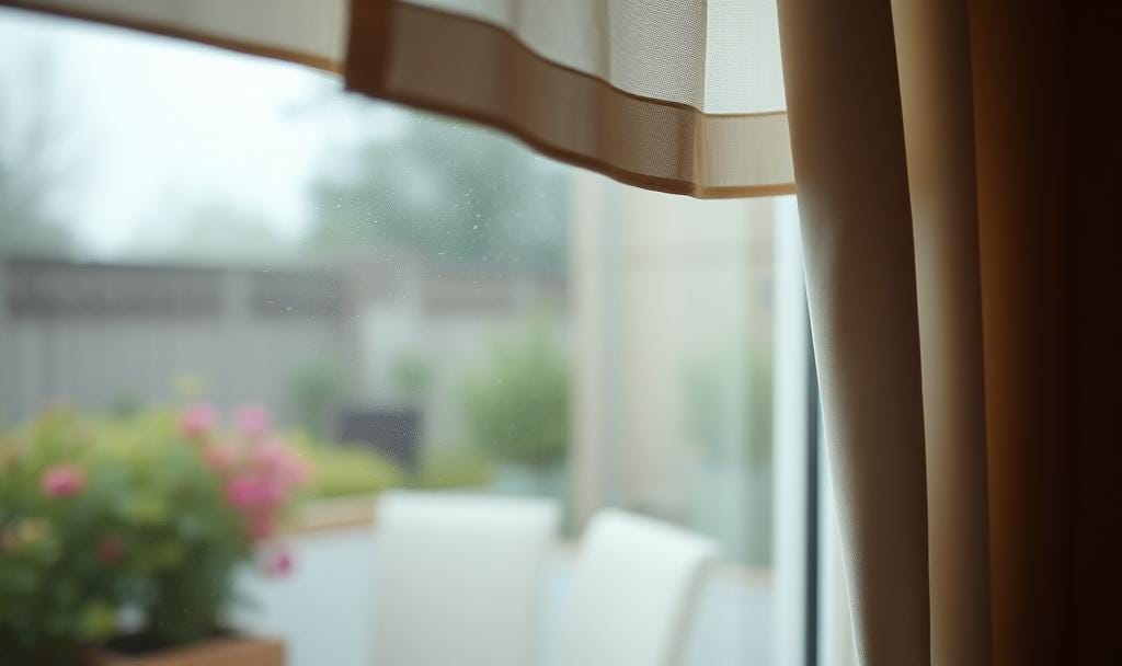 Soft light through a curtain, with a blurred view of a garden outside.