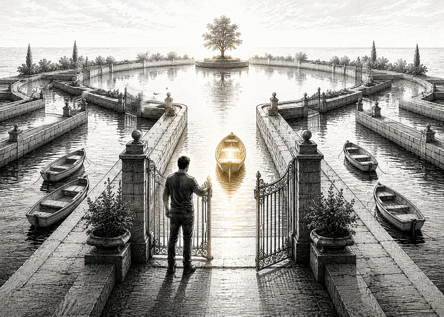 A person opens a harbor gate for one glowing boat while other small vessels wait in separate channels. A person opens a harbor gate for one glowing boat while other small vessels wait in separate channels.