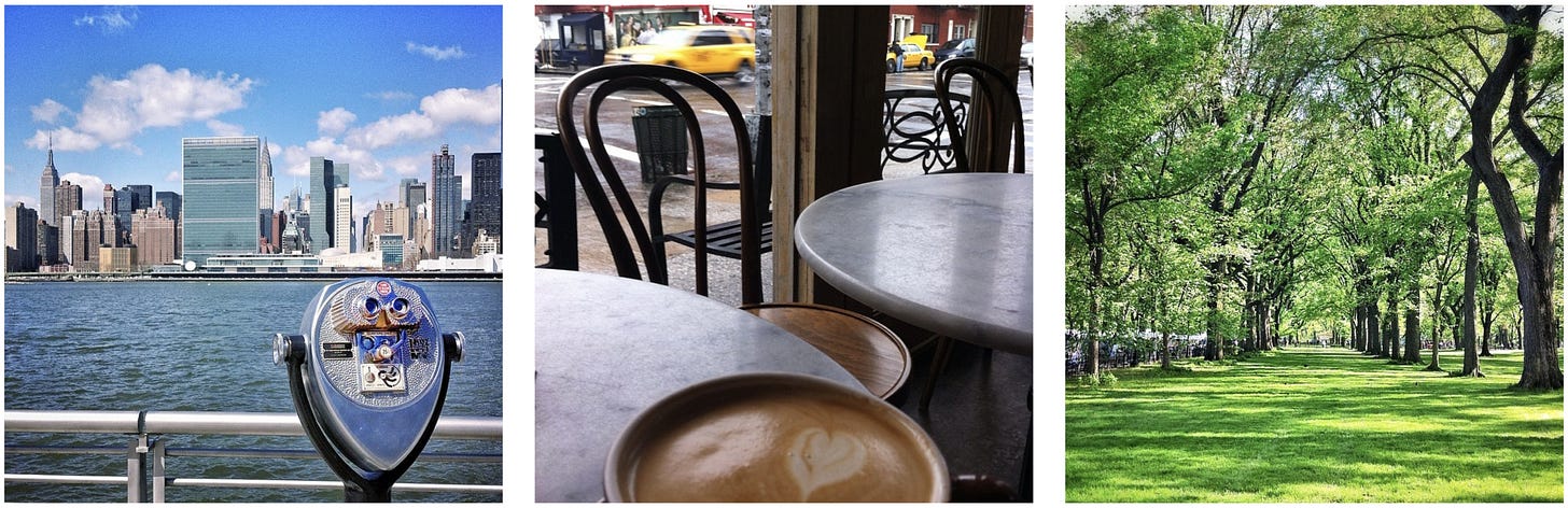 Three photos: looking across the East River towads Manhattan, sitting in a café, the Poets' Walk in Central Park
