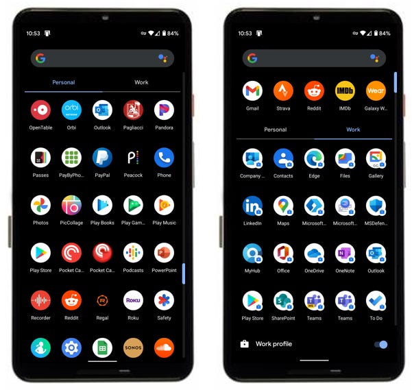 Distinct separation of Personal apps and Work apps when viewing the Android Apps drawer; Work apps (on the right) are badged with blue briefcase icons. Distinct separation of Personal apps and Work apps when viewing the Android Apps drawer; Work apps (on the right) are badged with blue briefcase icons.