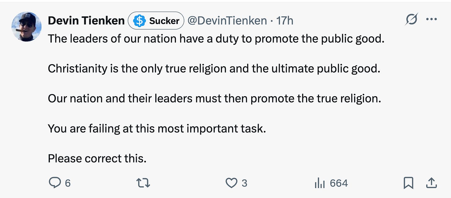 The leaders of our nation have a duty to promote the public good. Christianity is the only true religion and the ultimate public good. Our nation and their leaders must then promote the true religion. You are failing at this most important task. Please correct this. The leaders of our nation have a duty to promote the public good. Christianity is the only true religion and the ultimate public good. Our nation and their leaders must then promote the true religion. You are failing at this most important task. Please correct this.