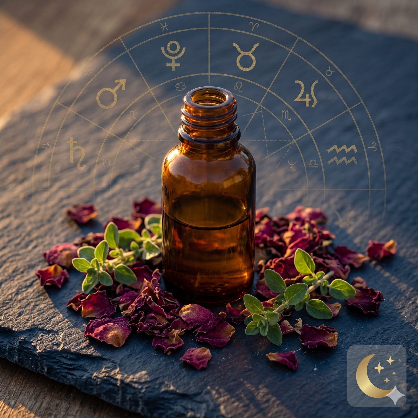 MoonInMental aromatherapy forecast image for Mars square Pluto in Taurus-Aquarius and Uranus trine Venus week May 24-30, 2026. Amber glass apothecary bottle on weathered slate with dried rose petals and marjoram, for the essential oil blend that keeps you regulated through the anger this week surfaces." Caption: "This week's MoonInMental blend for Mars square Pluto and Uranus trine Venus: Bergamot FCF, Rose, Marjoram, and Copaiba. MoonInMental aromatherapy forecast image for Mars square Pluto in Taurus-Aquarius and Uranus trine Venus week May 24-30, 2026. Amber glass apothecary bottle on weathered slate with dried rose petals and marjoram, for the essential oil blend that keeps you regulated through the anger this week surfaces." Caption: "This week's MoonInMental blend for Mars square Pluto and Uranus trine Venus: Bergamot FCF, Rose, Marjoram, and Copaiba.
