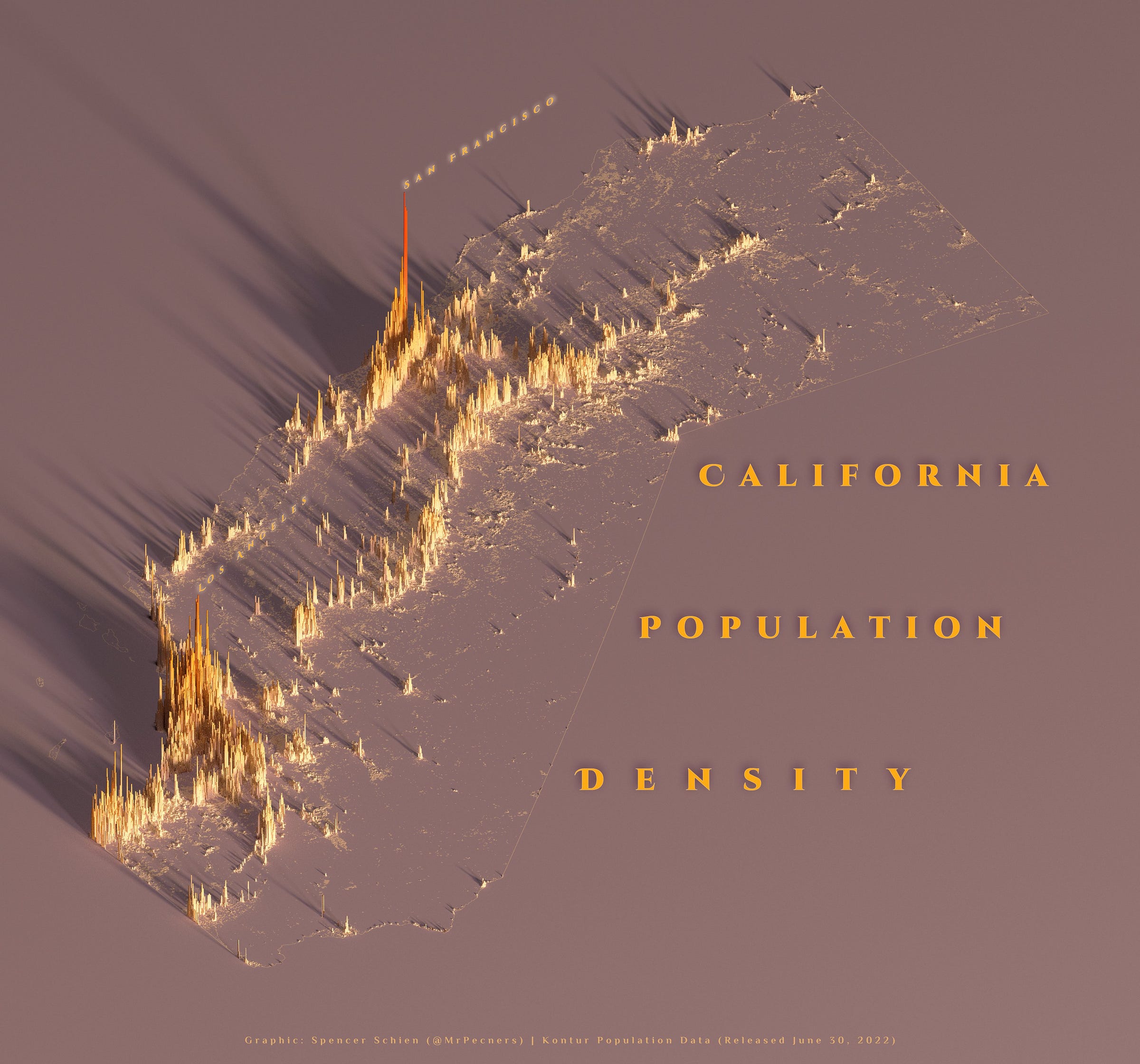 Population density map of California, rendered in R using the rayshader package. Population density map of California, rendered in R using the rayshader package.
