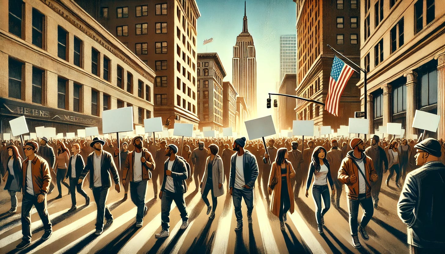 a huge crowd protests as the 50501 movement. a diverser group of people, some with banners, walks in an American city towards the viewer