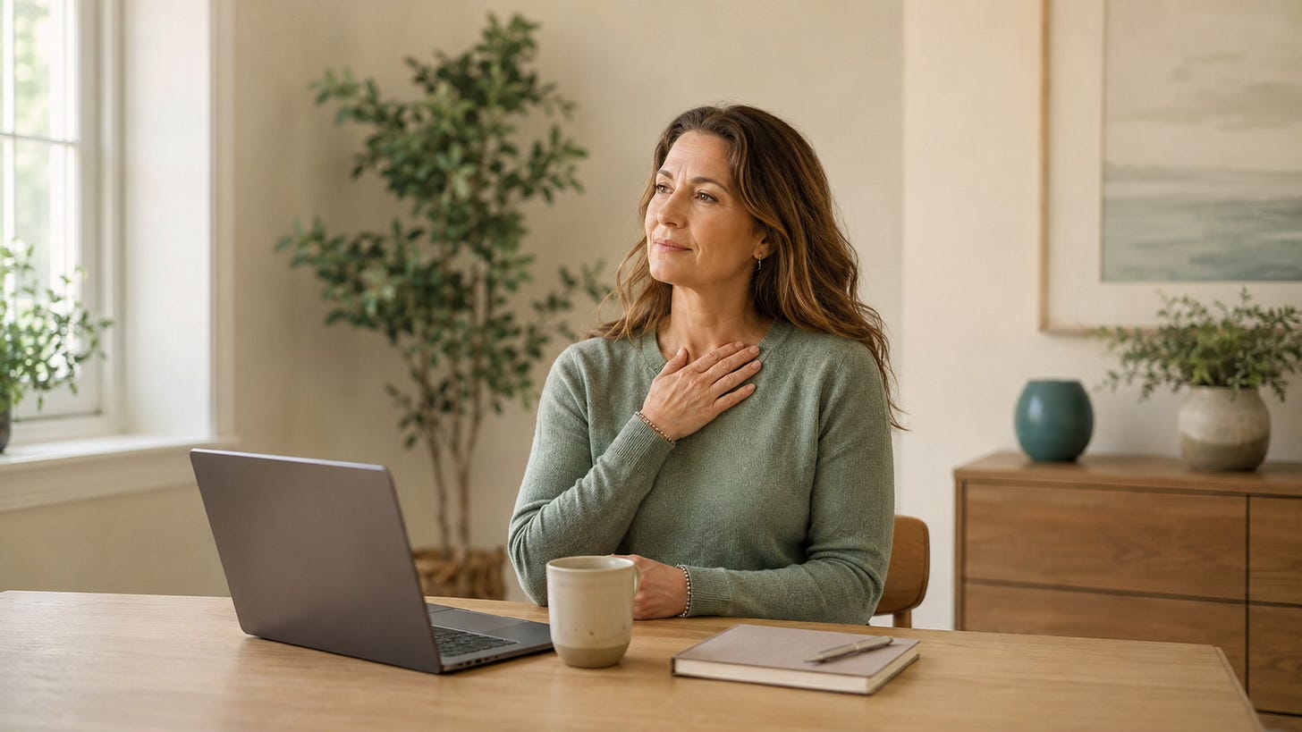 Woman sitting at a quiet table with a notebook and laptop, pausing during self-tapping practice.