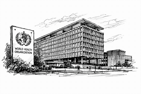 Black ink sketch of WHO headquarters building Black ink sketch of WHO headquarters building