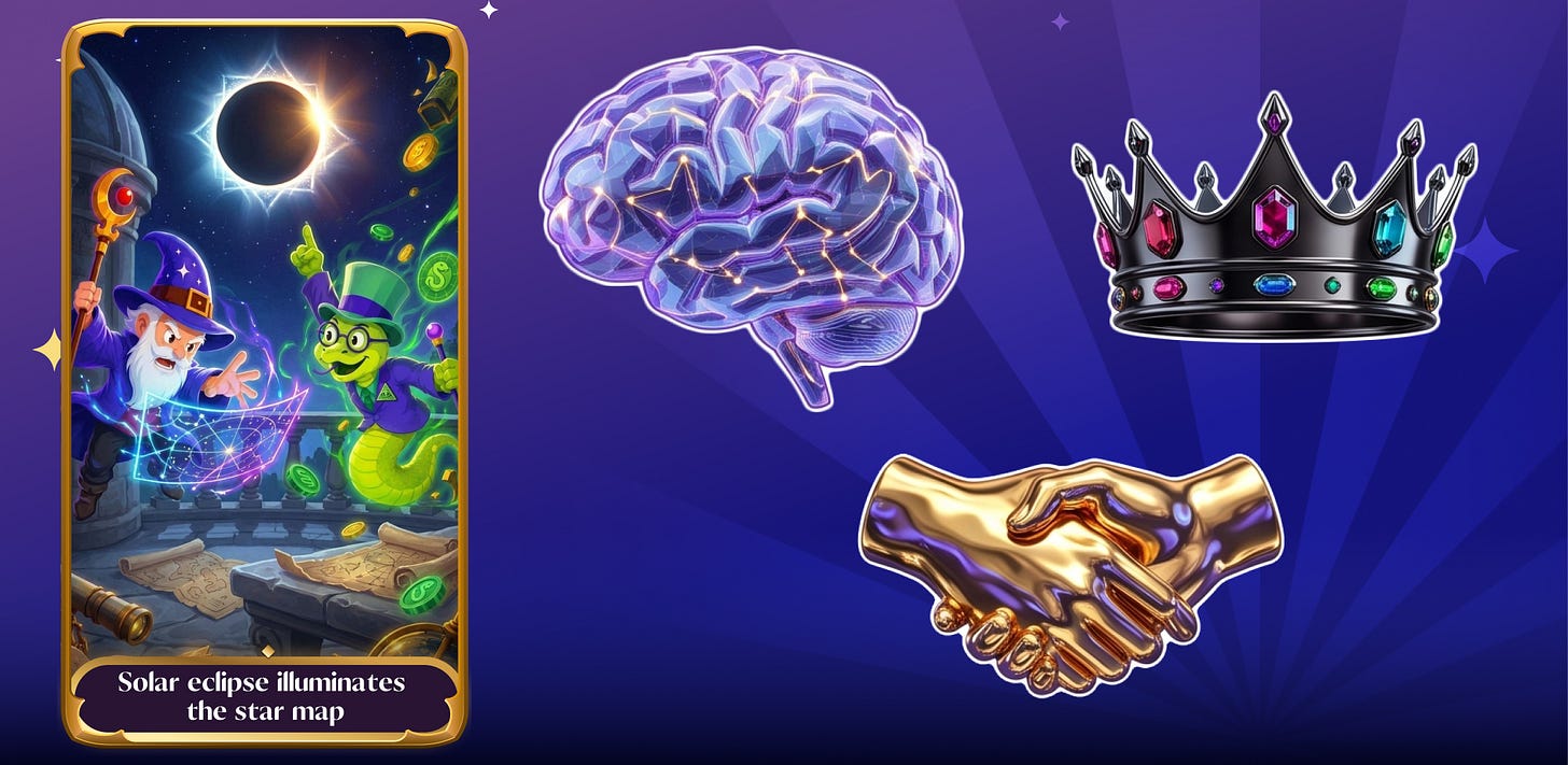 A solar eclipse collectible card beside a glowing brain, jewelled crowns and a golden handshake.