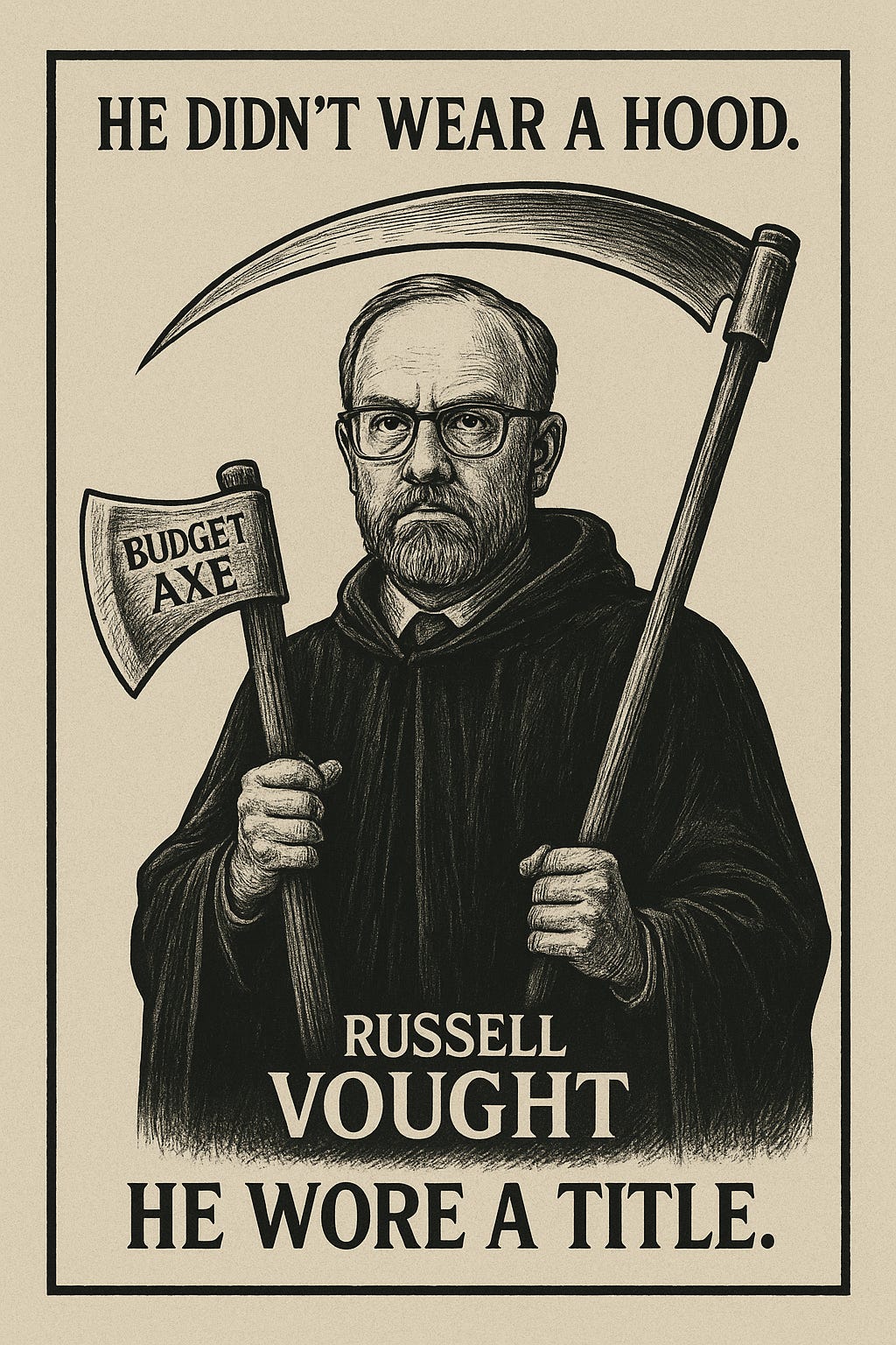 A monochrome caricature of Vought with scythe in one hand, budget axe in the other.