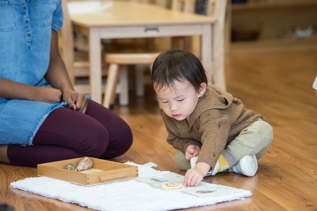 Toddler matching shell objects to cards on a work mat during the Guidepost Montessori experience which is in contrast to overprotected children. Toddler matching shell objects to cards on a work mat during the Guidepost Montessori experience which is in contrast to overprotected children.