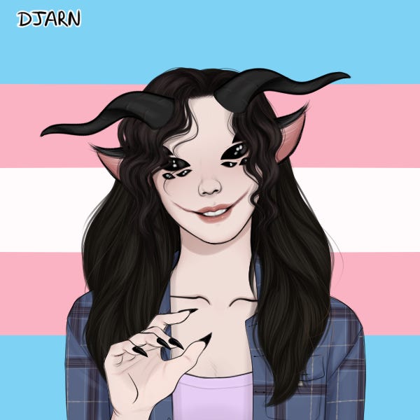 a picrew of a woman with 8 eyes, long wavy horns, bat ears, long black hair and long pointed black fingernails. she's smiling sweetly and waving. she stands in front of a trans flag a picrew of a woman with 8 eyes, long wavy horns, bat ears, long black hair and long pointed black fingernails. she's smiling sweetly and waving. she stands in front of a trans flag