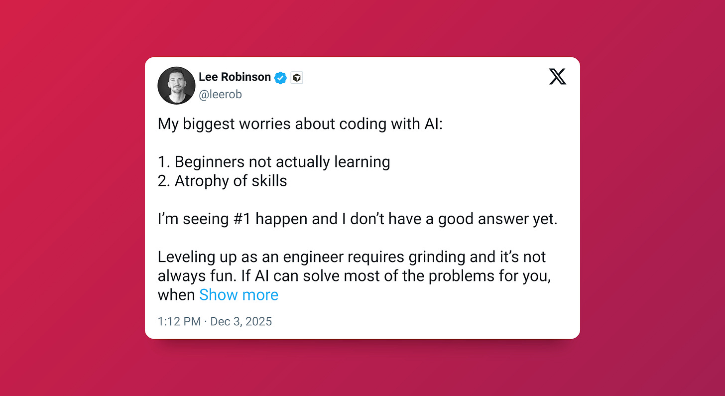 A post on X from user @leerob explaining worry about AI causing skill atrophy A post on X from user @leerob explaining worry about AI causing skill atrophy