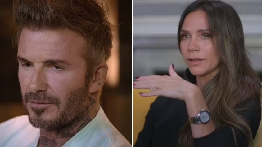 two close up stills from the Beckham documentary side by side, David appears thoughtful with a neutral expression whilst Victoria is gesticulating with her hands but also has a neutral expression two close up stills from the Beckham documentary side by side, David appears thoughtful with a neutral expression whilst Victoria is gesticulating with her hands but also has a neutral expression