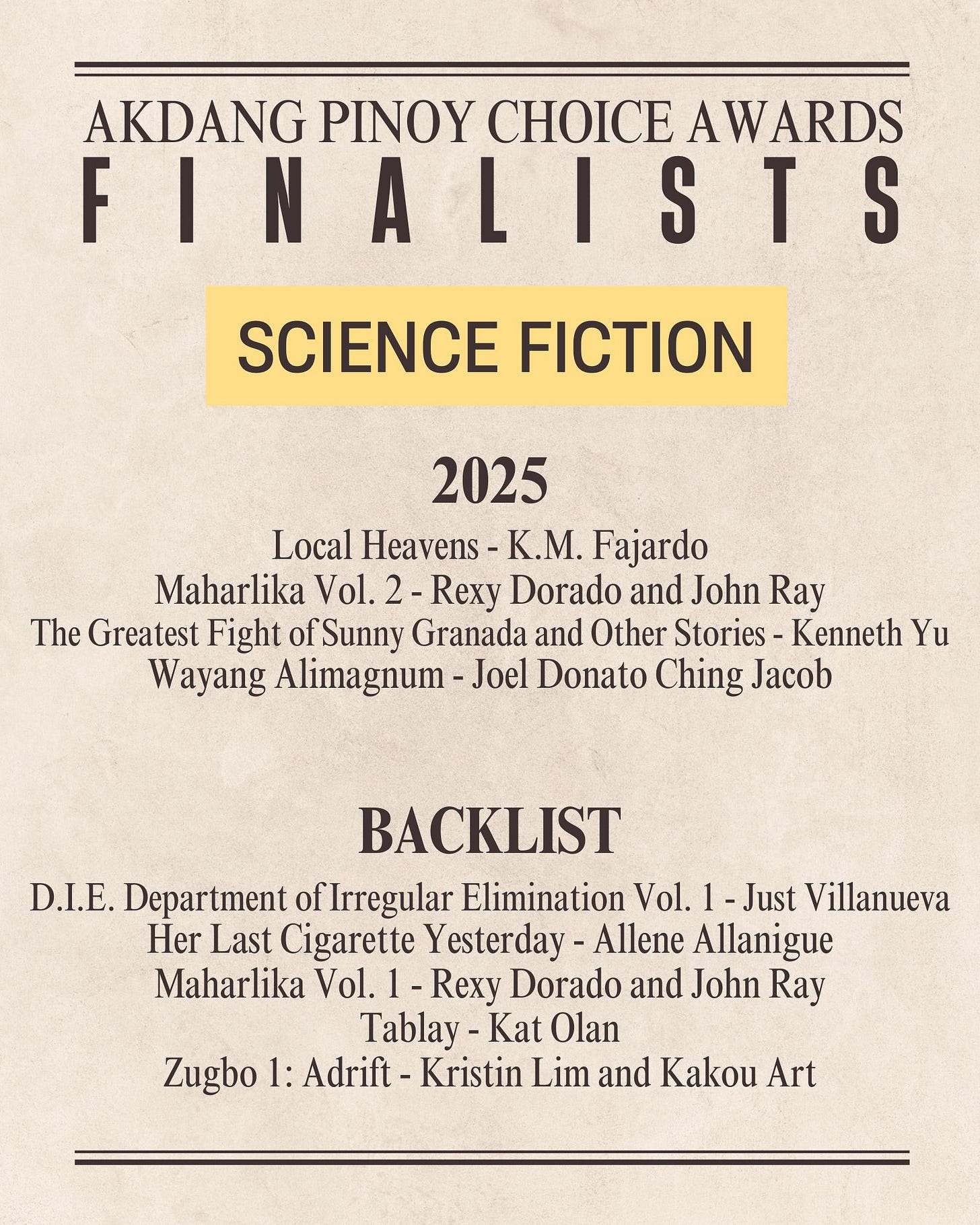May be an image of text that says 'AKDANG PINOY CHCE AWARDS FINALISTS L A S S SCIENCE FICTION 2025 Local Heavens K.M. Fajardo Maharlika Vol. 2 Rexy Dorado and John Ray The Greatest Fight ofSunny Granada and Other Stories Kenneth Yu Wayang Alimagnum -Joel Donato Ching Jacob BACKLIST D.I.E. Department ofIrregular Elimination Vol. Just Villanueva Her Last Cigarette Yesterday- Allene Allanigue Maharlika Vol. 1- Rexy Dorado and John Ray Tablay- -Kat Olan Zugbo 1: Adrift -Kristin Lim and Kakou Art'