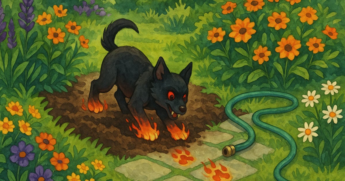 hellhound puppy digging in garden