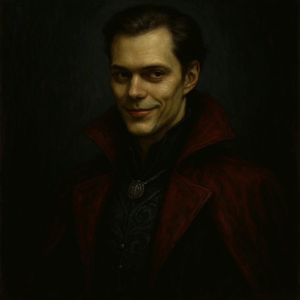 Create a dark fantasy portrait of Strahd von Zarovich using his defined visual palette. Show a tall, angular, aristocratic figure with sharp cheekbones, deep-set luminous eyes, and dark hair swept back in a severe widow’s peak. His expression should be subtly amused—an elegant, predatory smile that suggests he knows more than he says. He wears a high-collared crimson coat with silver embroidery, black velvet textures, and a ring bearing the crest of Barovia. The lighting should be dramatic: moonlight through stained glass behind him, candlelight catching on silver filigree. The atmosphere should feel regal, ominous, and ancient, with Strahd framed by gothic arches or a throne-like silhouette.