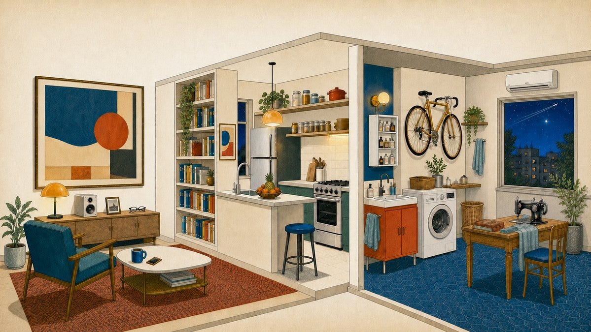 An editorial illustration of a modern apartment with everyday objects including a speaker, lamp, books, refrigerator, faucet, medicine cabinet, washing machine, and bicycle. An editorial illustration of a modern apartment with everyday objects including a speaker, lamp, books, refrigerator, faucet, medicine cabinet, washing machine, and bicycle.