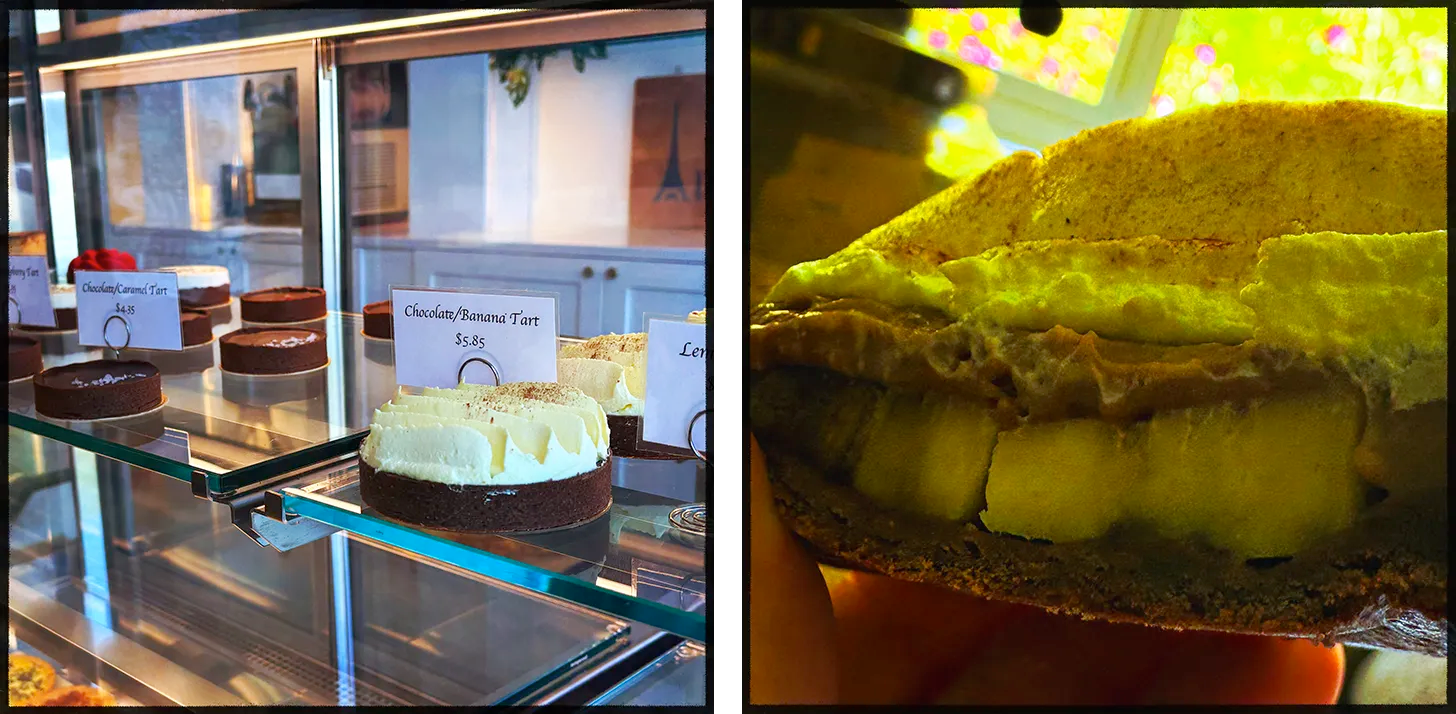 The chocolate/banana tart – outside and inside.
