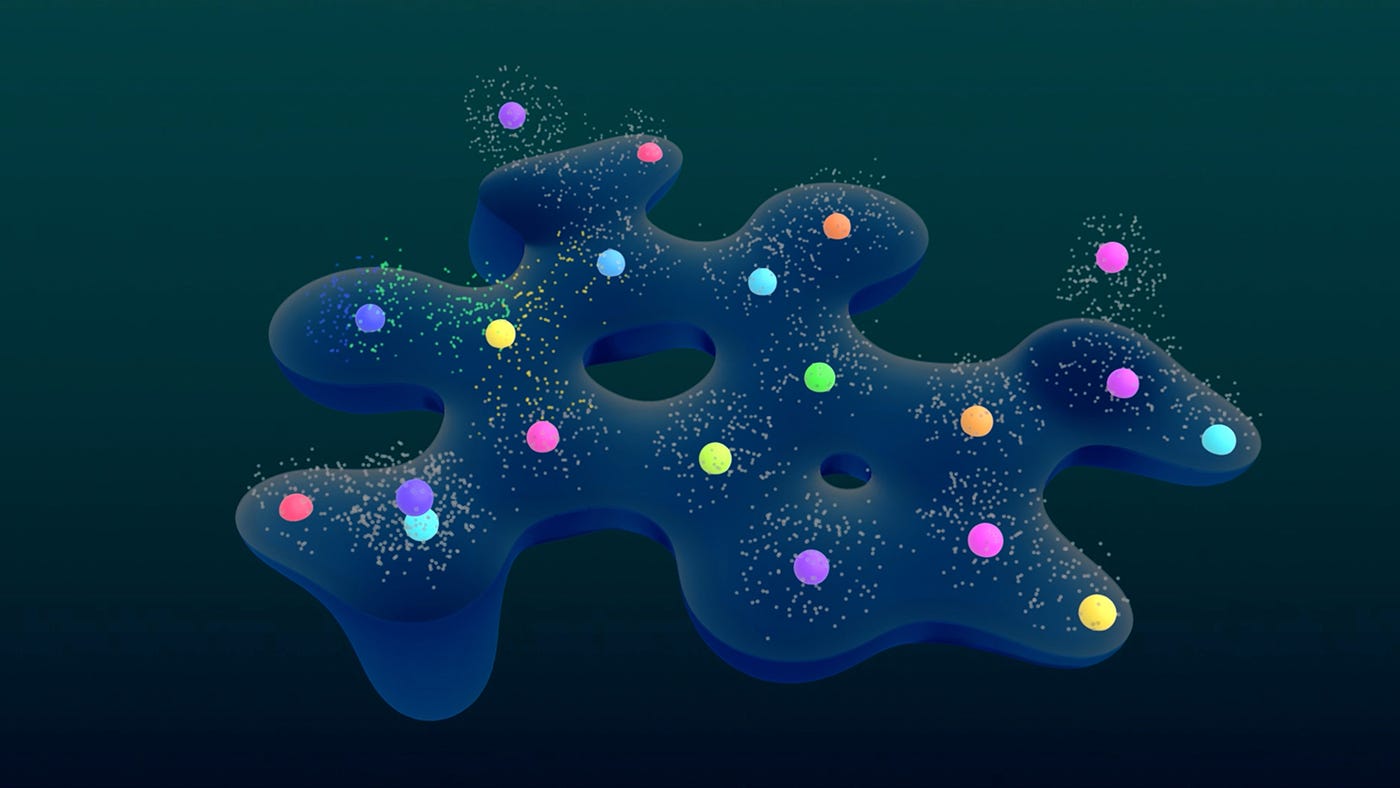 Alt text: A dark blue, wavy surface with multiple colorful spheres placed on it. The spheres are in various colors including red, green, blue, yellow, purple, and orange. Each sphere is surrounded by small white particles that appear to be floating around them. The background is a gradient of dark teal to black.