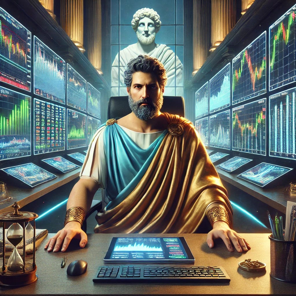 A digital painting of Thales of Miletus, the ancient Greek philosopher from 600 BC, depicted in modern times as a financial investor. He is dressed in a mix of ancient Greek robes and a modern business suit, sitting at a high-tech trading desk with multiple monitors displaying stock charts and financial data. He is analyzing stock market trends with a serious and intellectual expression, while holding a tablet showing investment options. The background is a futuristic financial office with sleek design and glowing digital graphs. The scene has a mix of classical and high-tech aesthetics, blending ancient philosophy with modern finance. Created using: realistic lighting, detailed textures, cinematic depth of field, high-definition quality, blend of classical and futuristic art style, vibrant color contrast, dynamic composition, and fine facial details.