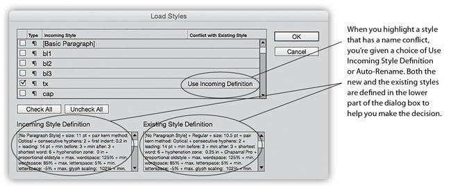 Incoming style definitions when transferring a style from one document to another.