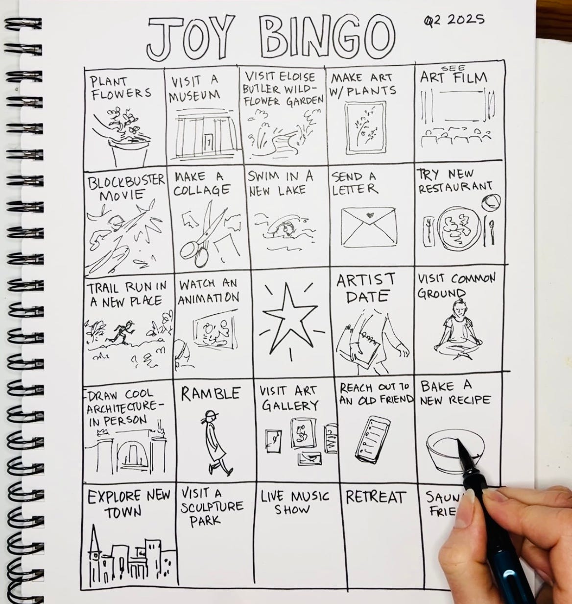 Joy bingo board with text and art by cartoonist K. Woodman-Maynard