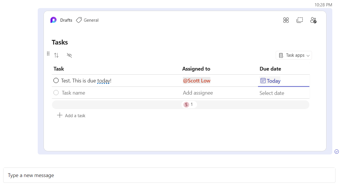 An image showing how Loop Component fully expand inline when pasted into Microsoft Teams chats.