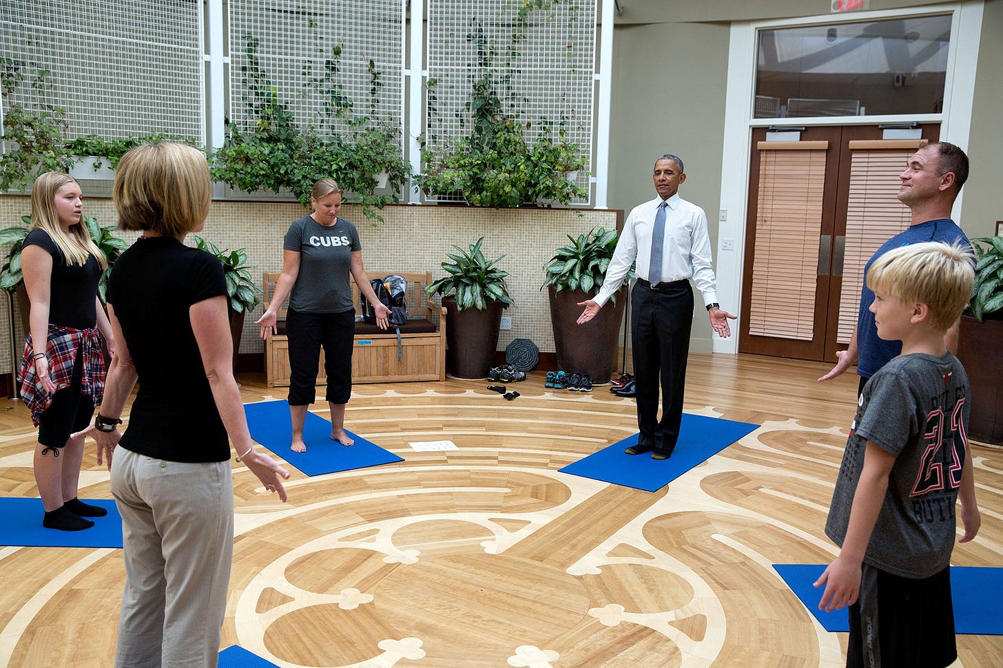 August 26, 2016: President Obama joins Master Chief Petty Officer David Hall, a wounded warrior from the Navy SEALs, and his family for a yoga therapy session at Walter Reed National Military Medical Center, honoring his 26 years of service. August 26, 2016: President Obama joins Master Chief Petty Officer David Hall, a wounded warrior from the Navy SEALs, and his family for a yoga therapy session at Walter Reed National Military Medical Center, honoring his 26 years of service.