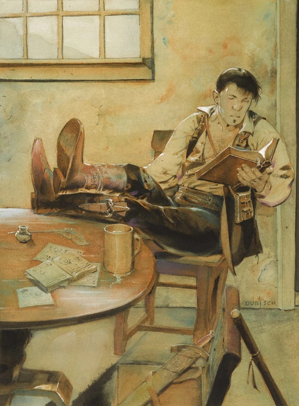 An illustration of a man kicking his heels up on a table reading a book.