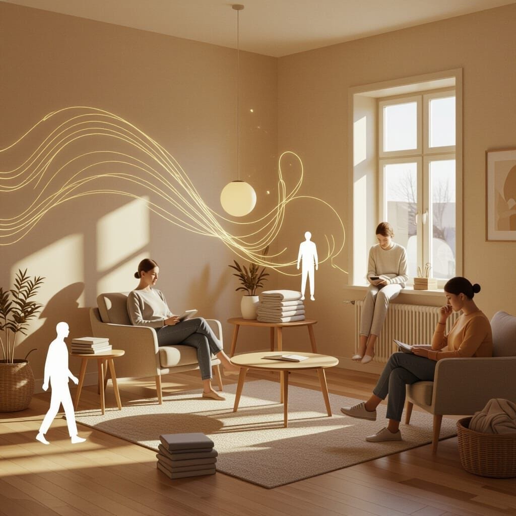 An isometric photoof a cozy room with multiple "boredom stations": a person walking aimlessly, someone folding laundry, ...