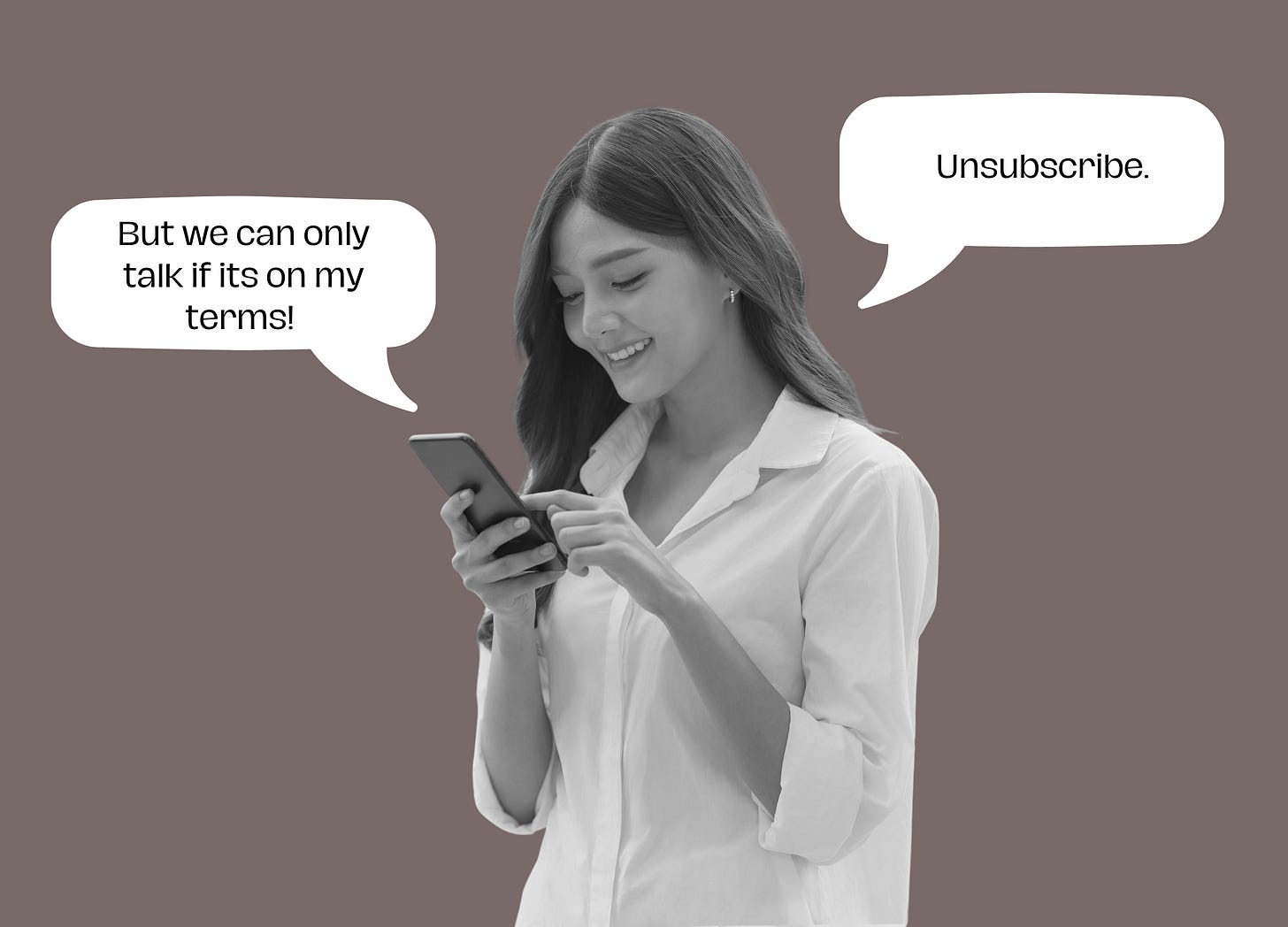 Young woman smiles as she unsubscribes from a conversation via her cell phone
