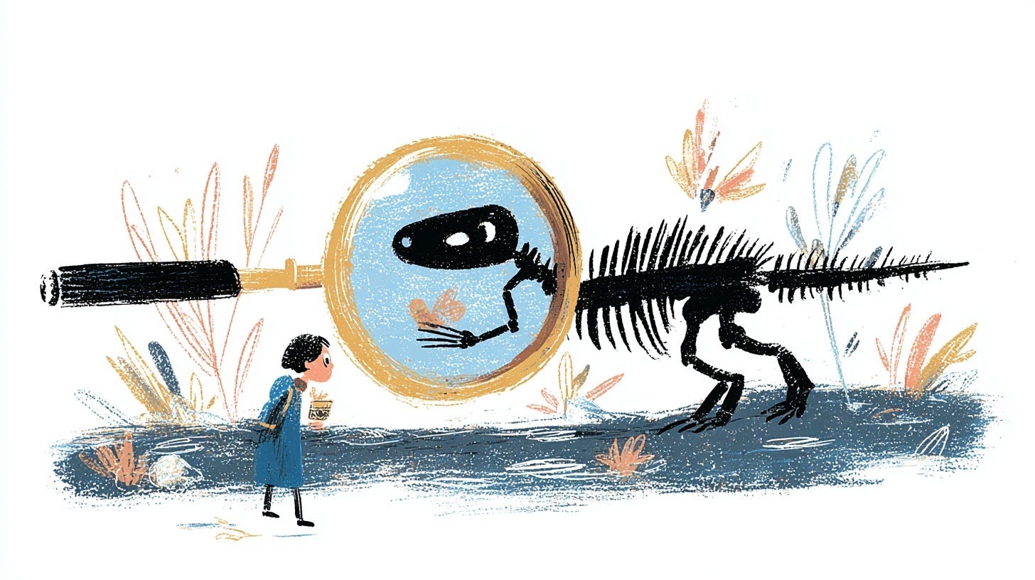Illustration of a child examining a dinosaur skeleton through a giant magnifying glass.