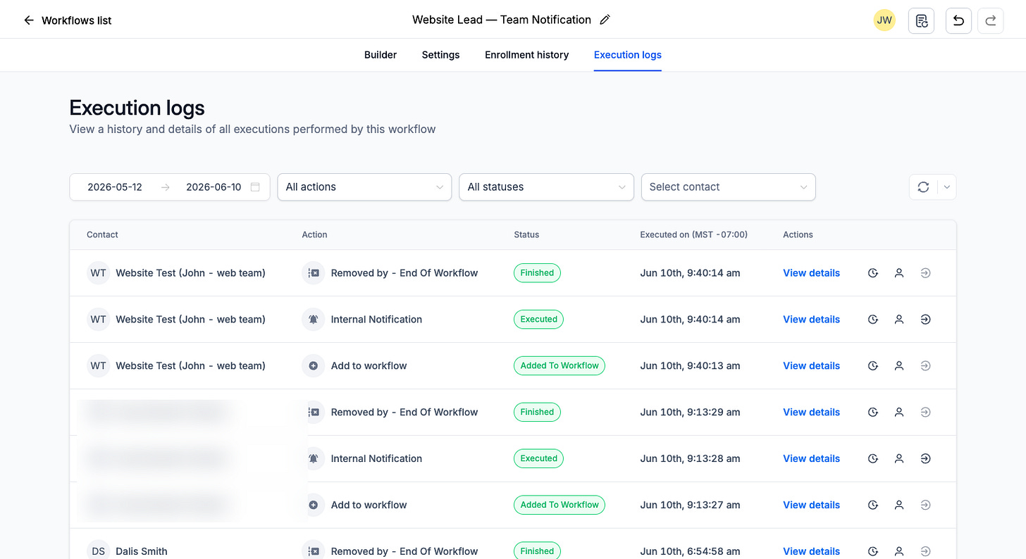 GoHighLevel execution logs for the Website Lead workflow showing the test contact moving through Add to Workflow, Internal Notification (Executed), and End of Workflow (Finished), with a real lead's name blurred GoHighLevel execution logs for the Website Lead workflow showing the test contact moving through Add to Workflow, Internal Notification (Executed), and End of Workflow (Finished), with a real lead's name blurred