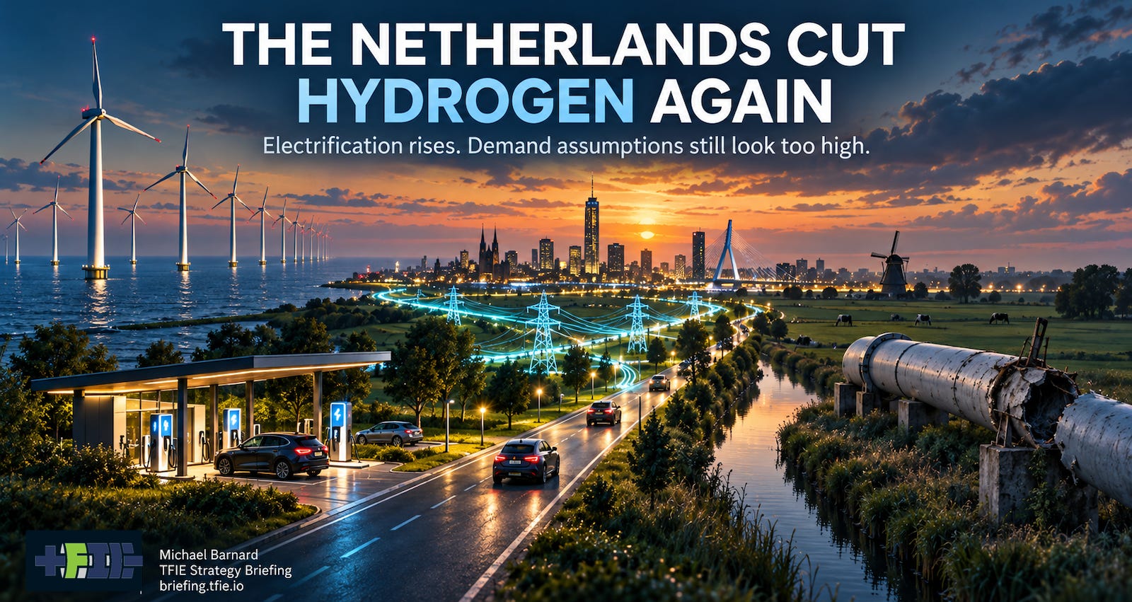 Hero graphic showing offshore wind, power lines, EV charging and a Dutch city illuminated by electricity, while a large hydrogen pipeline on the right is visibly cut off and receding.