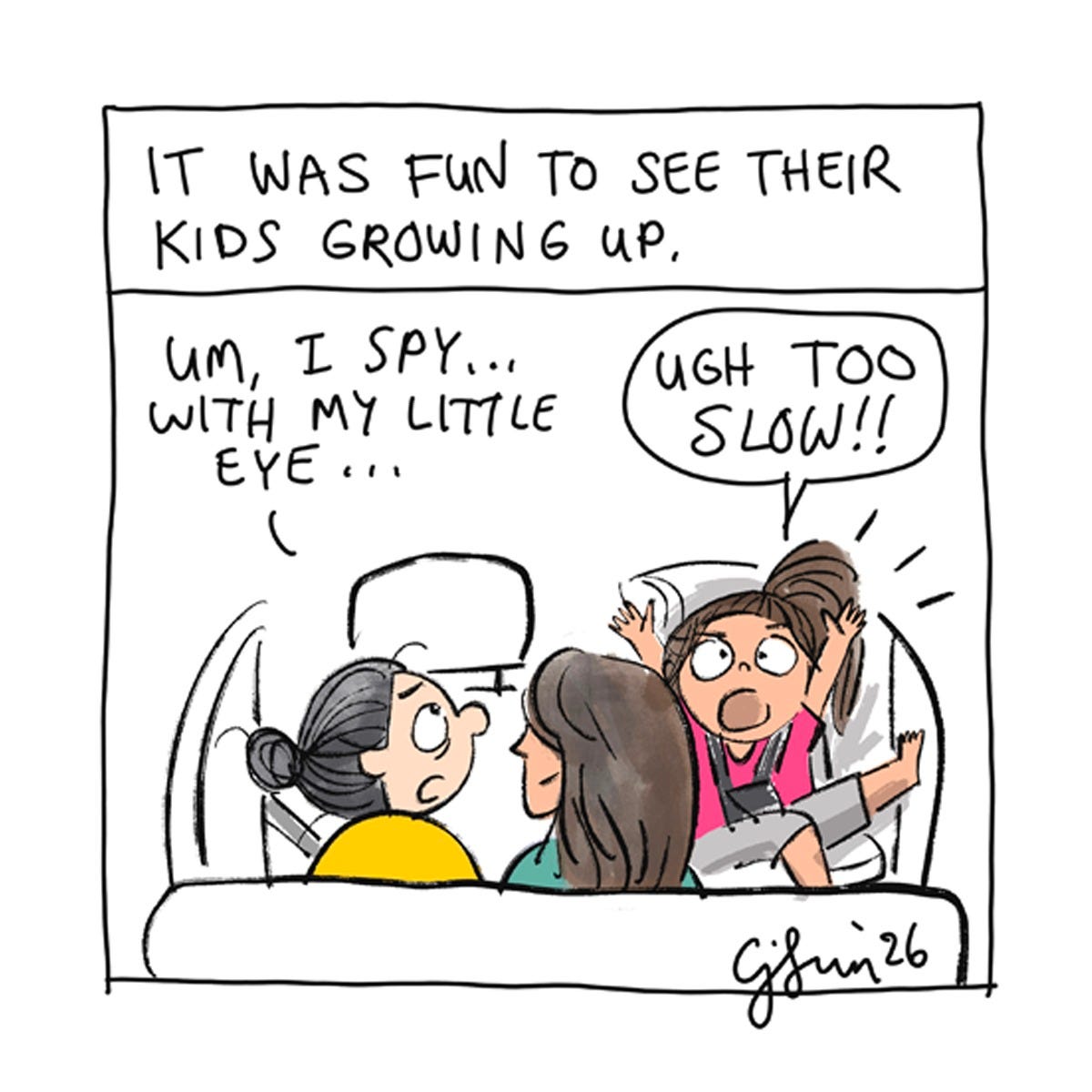 Panel 2/8 of an 8-panel color diary comic illustrating the perceptive, brutal honesty of young children in a series of humbling exchanges with the artist. Titled "Friends With Kids," 2026, by Connie Sun