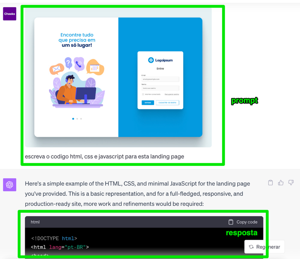 Figura 5 inteligencia artificial chatgpt-4 criando codigos html para landing pages