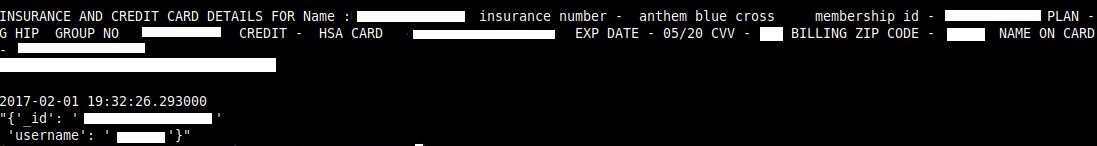 Message sent on chat sharing the health insurance and credit card information of a patient. Personal information is redacted.
