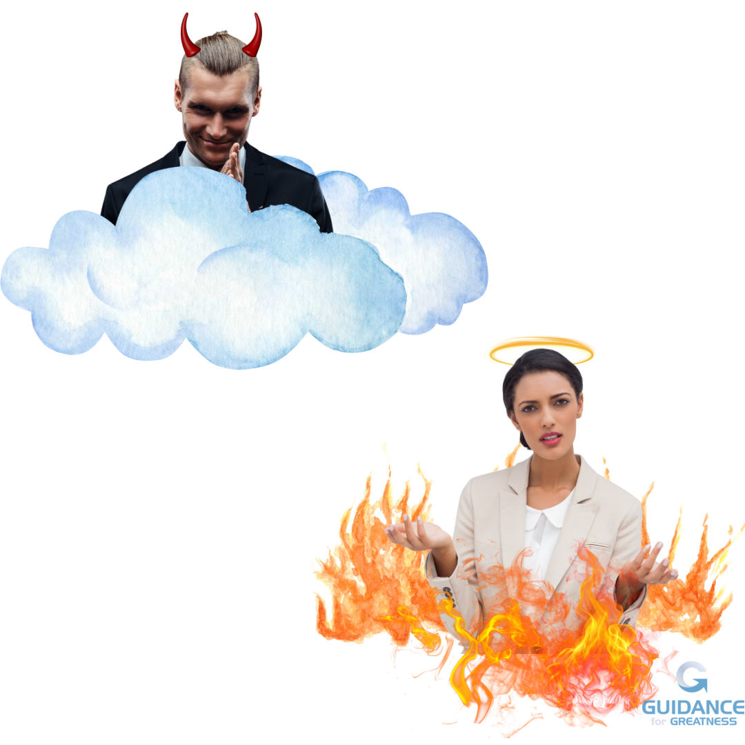 On top to the left is a the head and shoulders of a businessman in a black suit. His body is concealed by blue clouds, and he is rubbing his hands together while looking smug. He has red devil horns on his head. On the bottom right is a businesswoman in a white suit shrugging and looking baffled. Her body is concealed by flames, which surround her. On her head is a golden halo.
