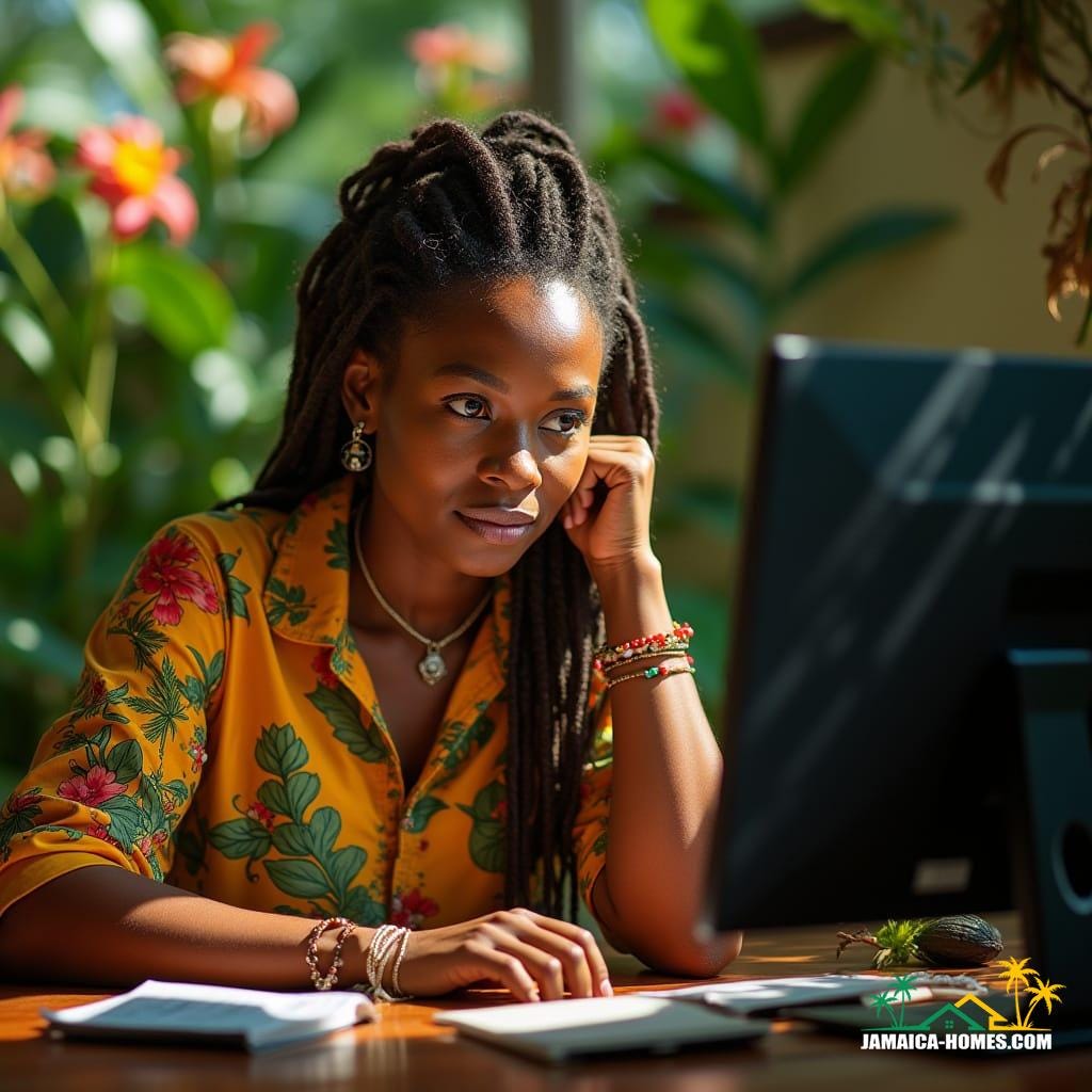 Stunning Jamaican real estate agent, a wise and beautiful Rastafarian woman with dreadlocks and warm, golden-brown skin, sits in contemplation in a colorful Caribbean setting, surrounded by lush greenery and vibrant tropical flowers, as she gazes at a computer screen, pondering the decision to use social media, her expressive face a map of thoughtful wrinkles, her eyes shining with age and wisdom, her colorful clothing and jewelry a testament to her rich cultural heritage, captured in a cinematic film still, reminiscent of the works of Terrence Malick, Akira Kurosawa, and Sofia Coppola, with a warm, sun-kissed color palette, subtle film grain, and a soft vignette, evoking the feeling of a 35mm film, shot on a VRaptor XL, with dramatic, atmospheric lighting, and meticulous post-processing, resulting in a masterpiece of cinematic storytelling, epic in scope and stunning in its beauty.