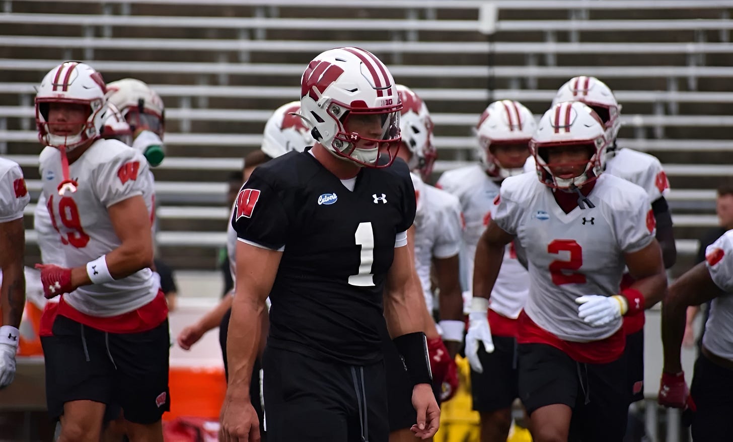 Wisconsin Badgers quarterback Colton Joseph on the field during fall camp practice. Wisconsin Badgers quarterback Colton Joseph on the field during fall camp practice.
