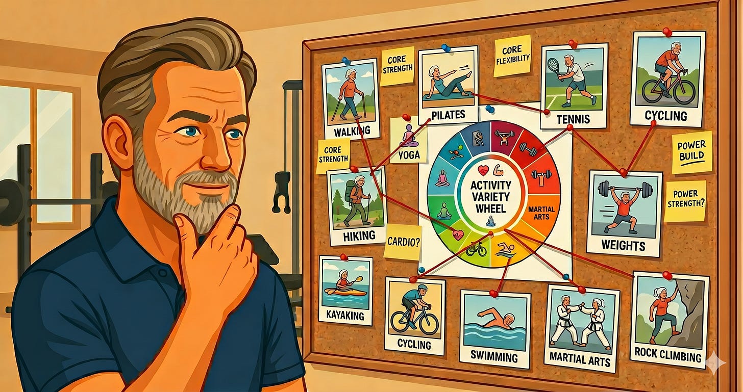 Senior looking at a board of physical activity types Senior looking at a board of physical activity types