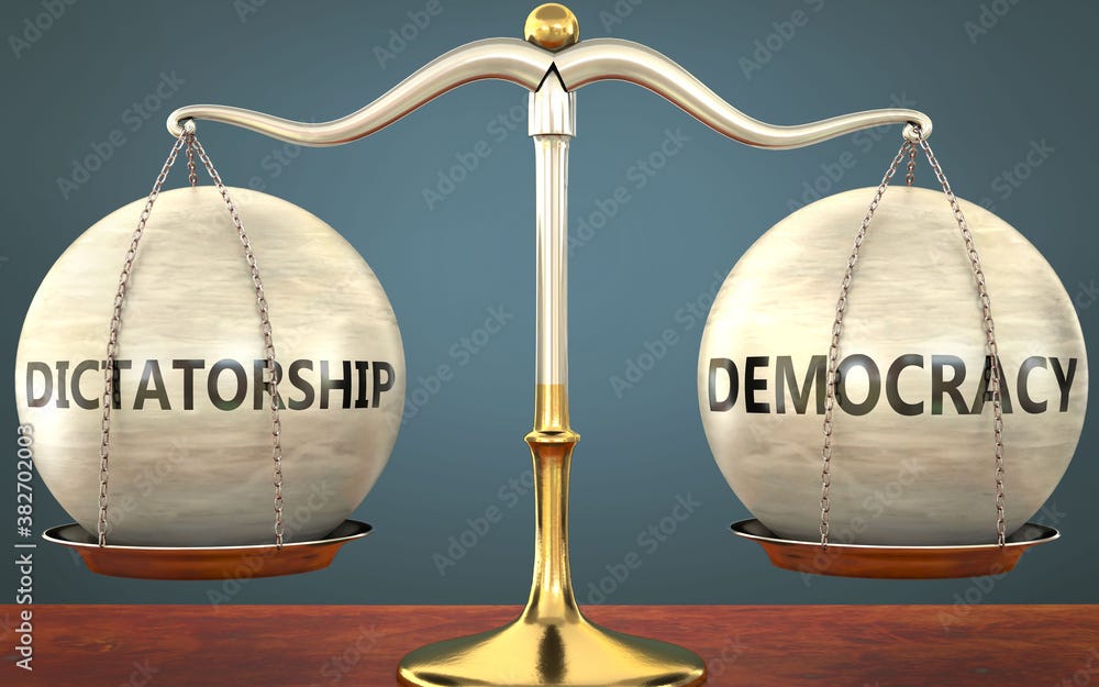 dictatorship and democracy staying in balance - pictured as a metal scale  with weights and labels dictatorship and democracy to symbolize balance and  symmetry of those concepts, 3d illustration Stock Illustration |