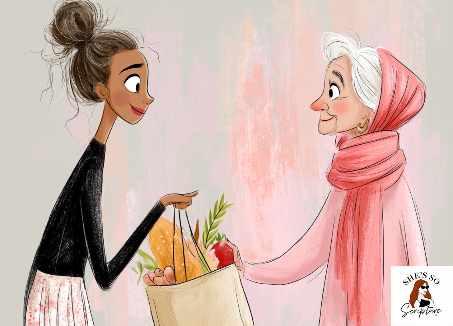 Watercolor-style illustration of a young woman with a messy bun handing a grocery bag filled with bread and produce to an elderly woman with a headscarf. Both women smile warmly against a soft pastel background reminiscent of a charming Old-World street.