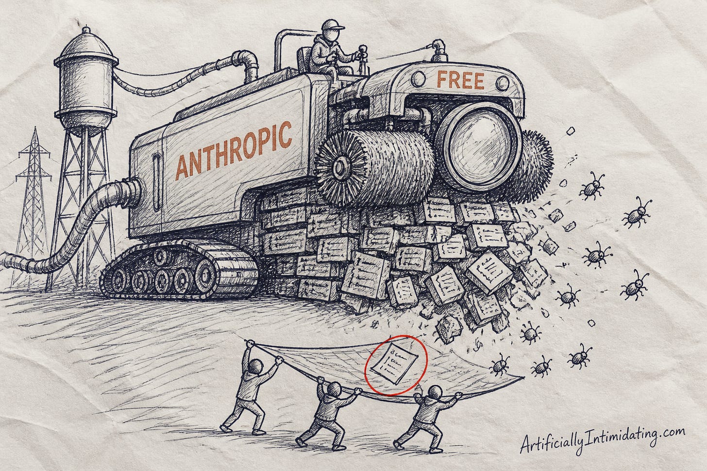 A giant rust-orange machine labeled ANTHROPIC and FREE rolling over a rickety pile of code blocks while bugs scatter and three small maintainers catch bug reports in a net, with a water tower and power pylon behind.